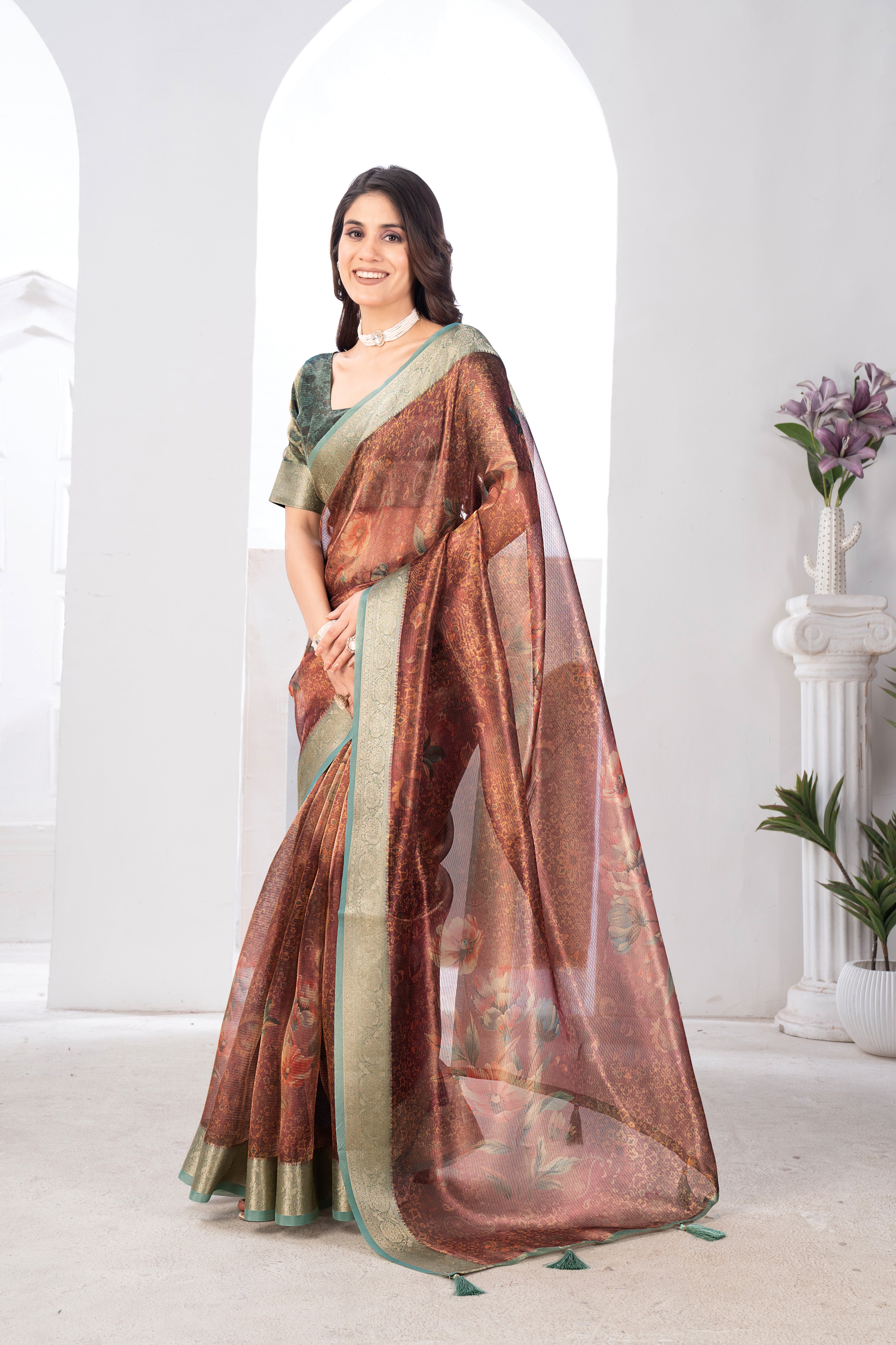 Rust Orange Shine Silk Floral Saree